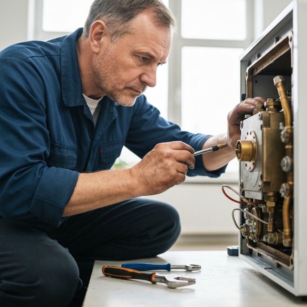 Boiler repair technician working on heating system