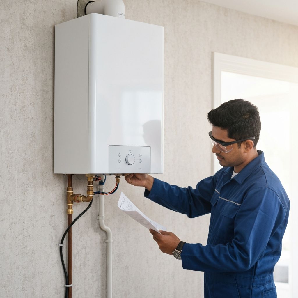Heating engineer installing new modern boiler on residential wall