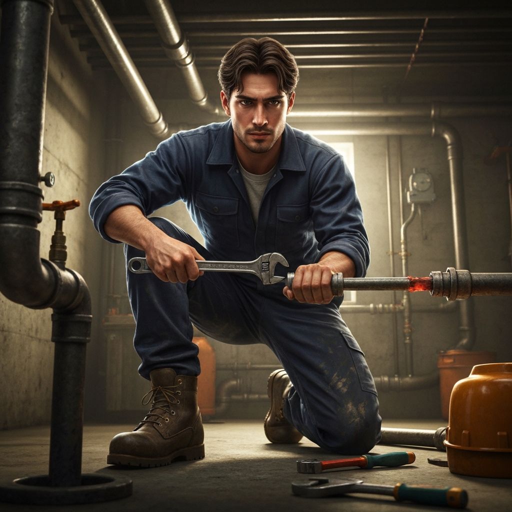 Plumber working with wrench and pipes